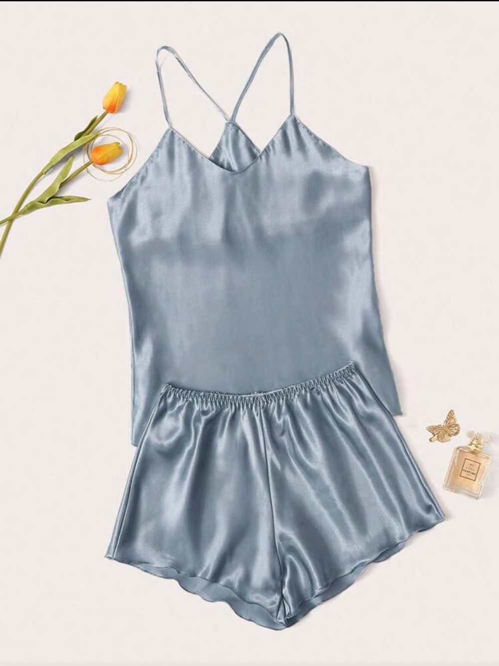 NWOT Dusty Blue Satin Cami and Shorts Pajama Set